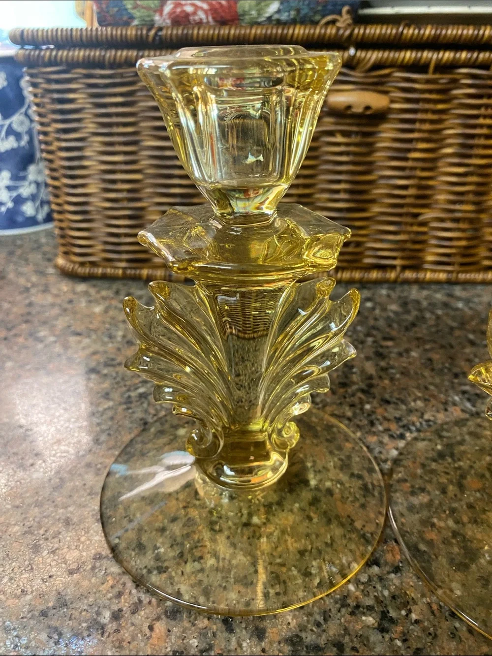 Vintage 1940’s Fostoria Baroque Topaz Yellow Glass Candlesticks